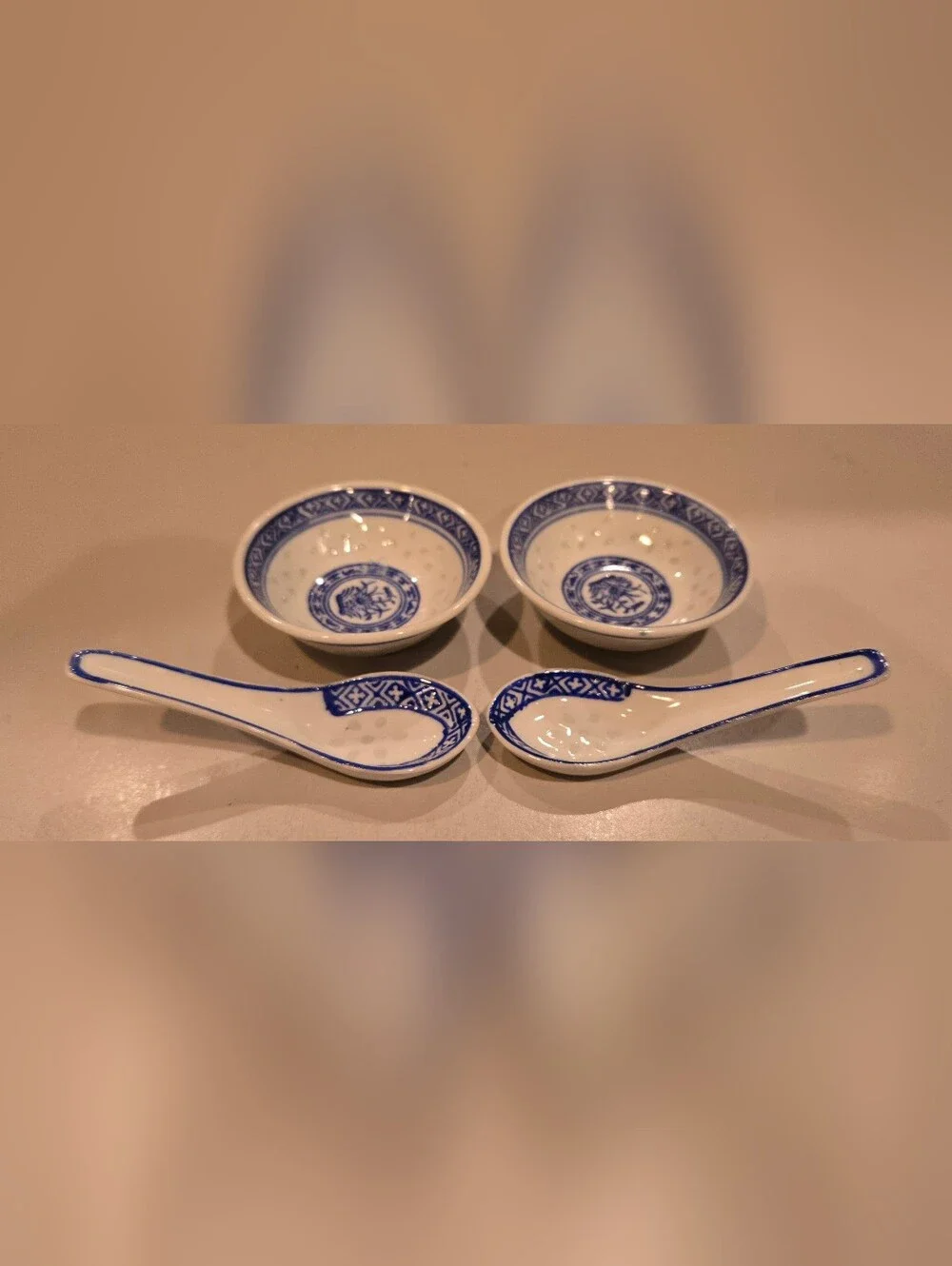Blue and White Porcelain Soup Bowls with Matching Spoons - Set of 2